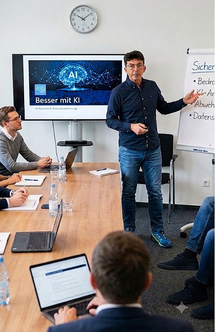 Hans Maier moderiert einen Workshop mit Teilnehmern, im Hintergrund die Präsentation ‚Besser mit KI'.